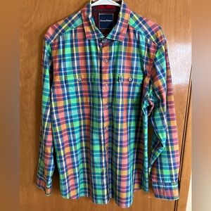 Tommy Bahama Shirt Men's L Green Check Long Sleeve Button Up Casual Cotton